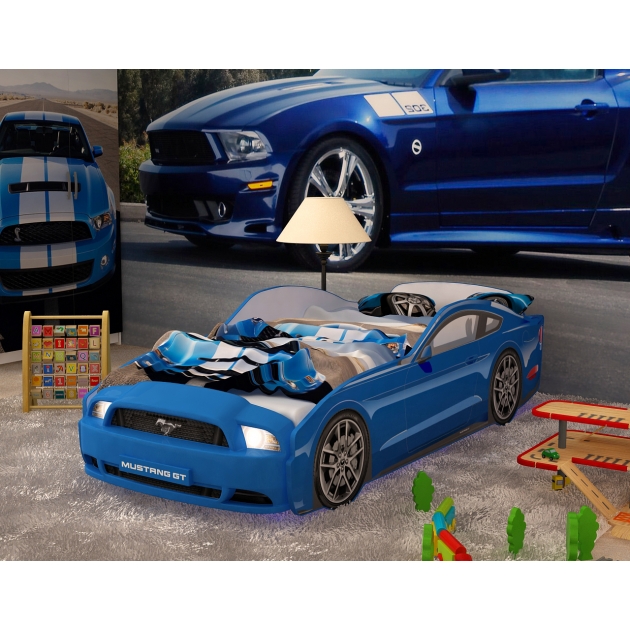 Кровать машина Mustang с подсветкой фар дна и колесами cyan